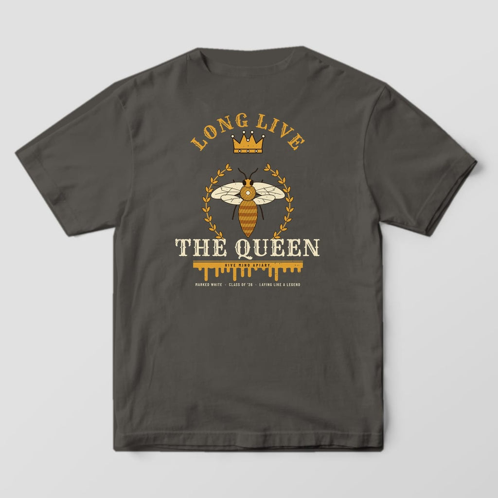 Back of a pepper Comfort Colors 1717 T-shirt printed with a crowned queen bee in a laurel wreath with long live the queen lettering.