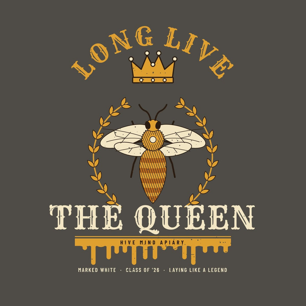 Close-up of the full back artwork: a crowned queen bee in a laurel wreath with long live the queen lettering, shown flat on a pepper background.