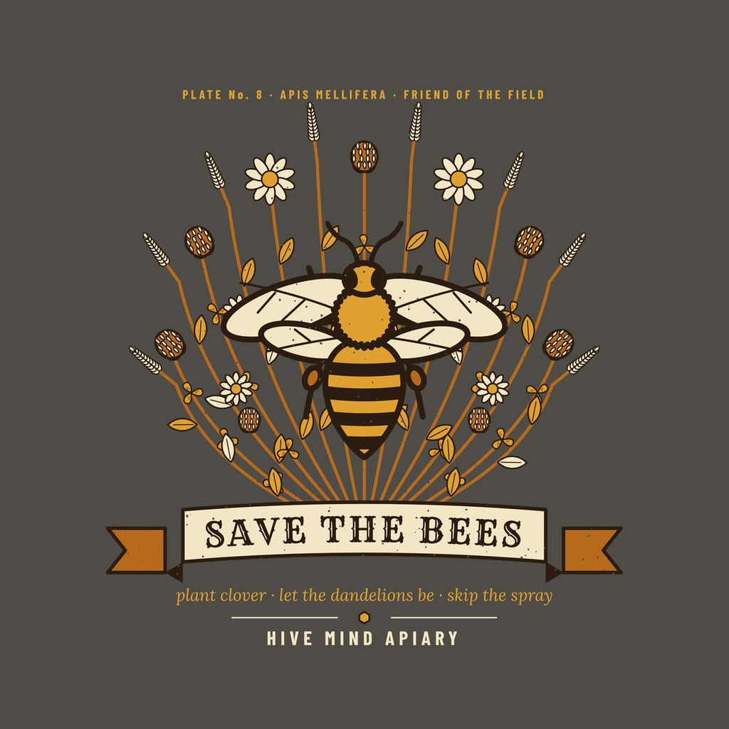 Close-up of the full front artwork: a large honey bee over clover and lavender with a Save The Bees ribbon, shown flat on a pepper background.