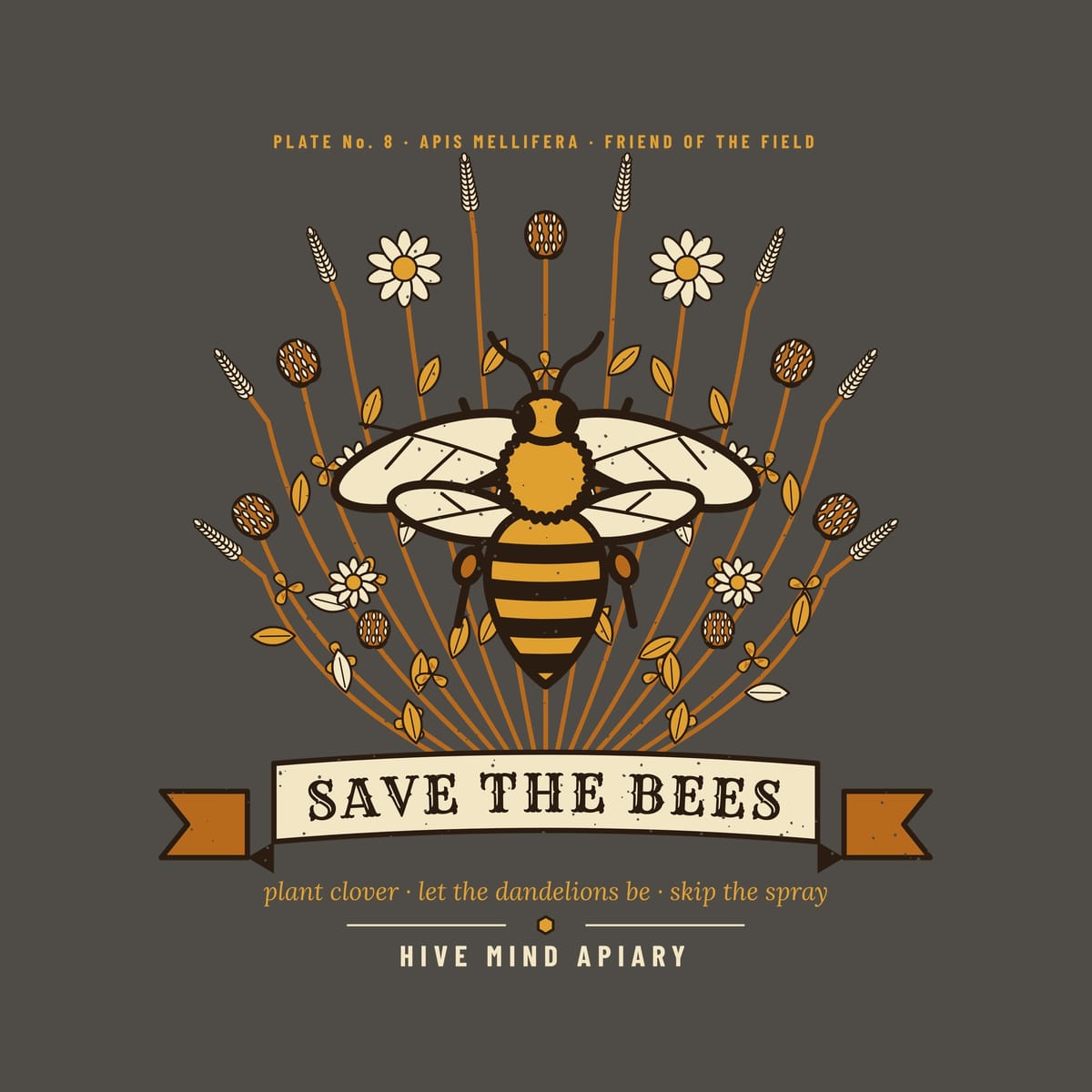 Close-up of the full front artwork: a large honey bee over clover and lavender with a Save The Bees ribbon, shown flat on a pepper background.