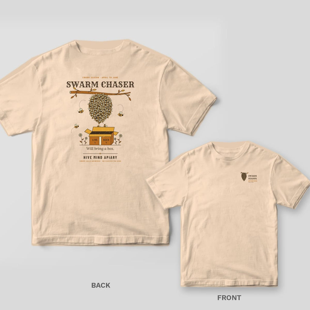 Back and front of an ivory Comfort Colors T-shirt; the back shows a swarm of bees hanging from a branch above an open cardboard box, titled Swarm Chaser, the front has a small Swarm Season left-chest print.
