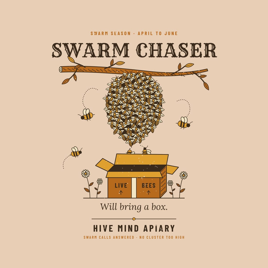 Close-up of the full back artwork: a swarm of bees hanging from a branch above an open cardboard box, titled Swarm Chaser, shown flat on an ivory background.