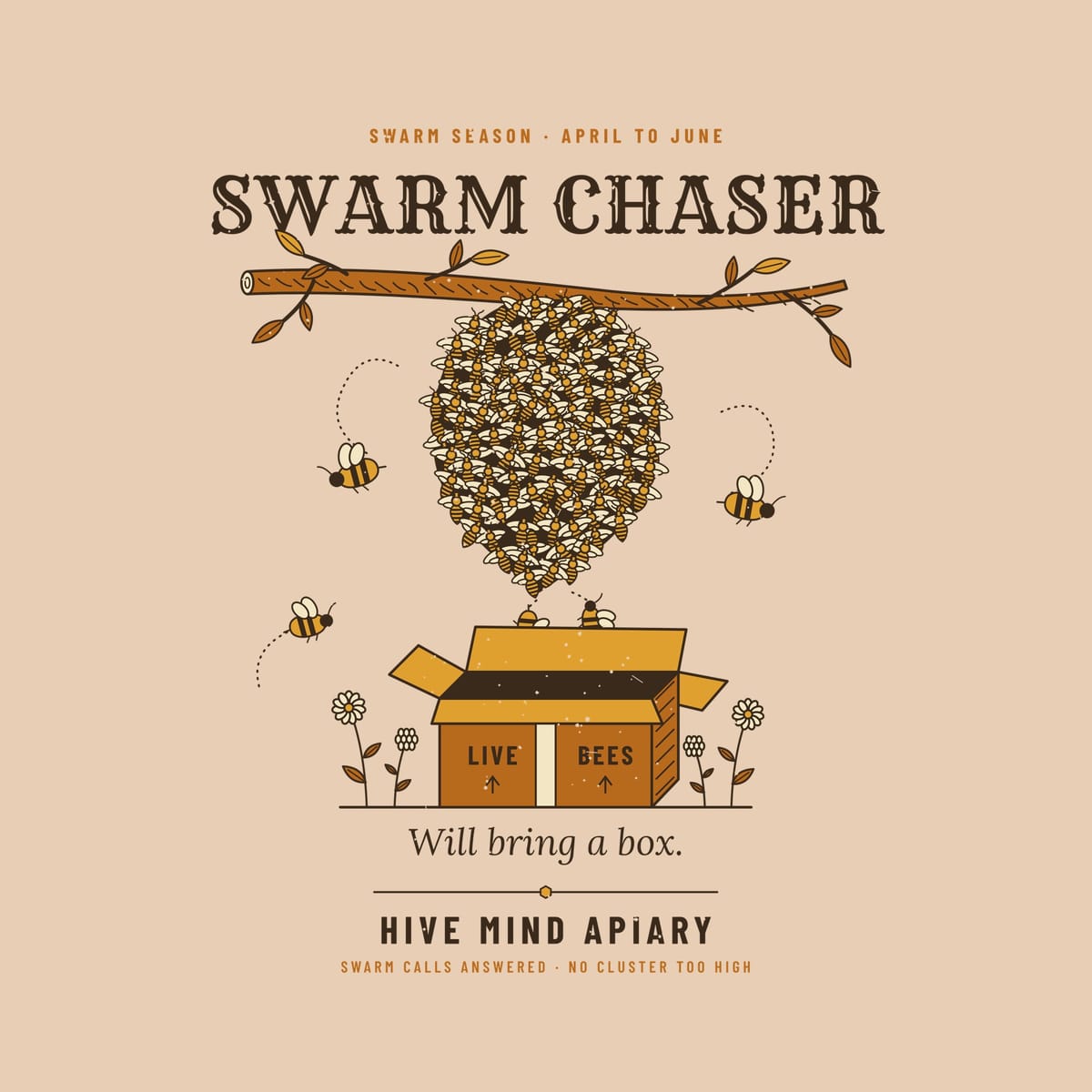 Close-up of the full back artwork: a swarm of bees hanging from a branch above an open cardboard box, titled Swarm Chaser, shown flat on an ivory background.