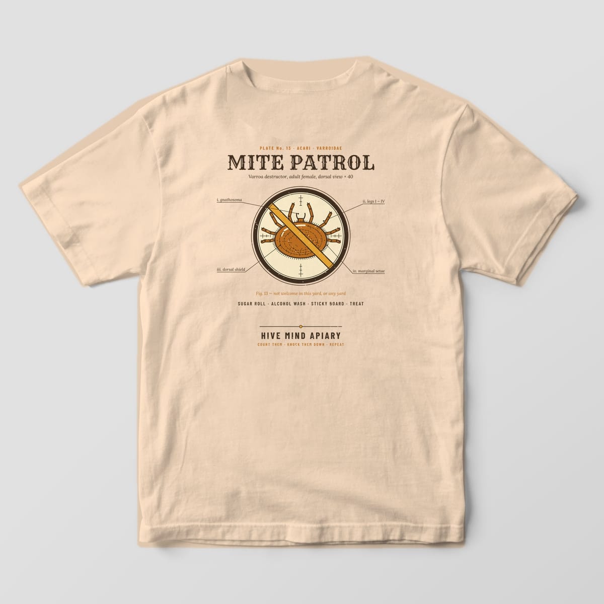 Back of an ivory Comfort Colors 1717 T-shirt printed with a labeled Varroa mite in a microscope circle crossed out with a gold slash, titled Mite Patrol.