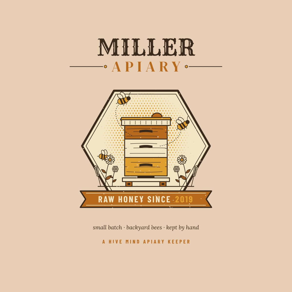 Close-up of the full back artwork: a personalized hexagon emblem with the name Miller Apiary, a painted beehive and a Raw Honey Since 2019 banner, shown flat on an ivory background.
