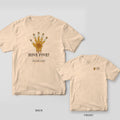 Back and front of an ivory Comfort Colors T-shirt; the back shows a hand made of honeycomb cells with a bee at each fingertip, titled Hive Five, the front has a small Hive Five honeycomb hand print on the left chest.