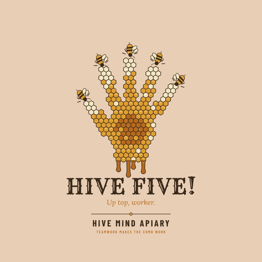 Close-up of the full back artwork: a hand made of honeycomb cells with a bee at each fingertip, titled Hive Five, shown flat on an ivory background.