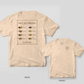Back and front of an ivory Comfort Colors T-shirt; the back shows a framed field guide page titled Know Your Pollinators showing eight labeled native bees, the front has a small hexagon field guide badge with a bumble bee on the left chest.
