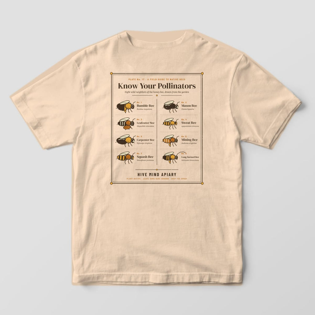 Back of an ivory Comfort Colors 1717 T-shirt printed with a framed field guide page titled Know Your Pollinators showing eight labeled native bees.