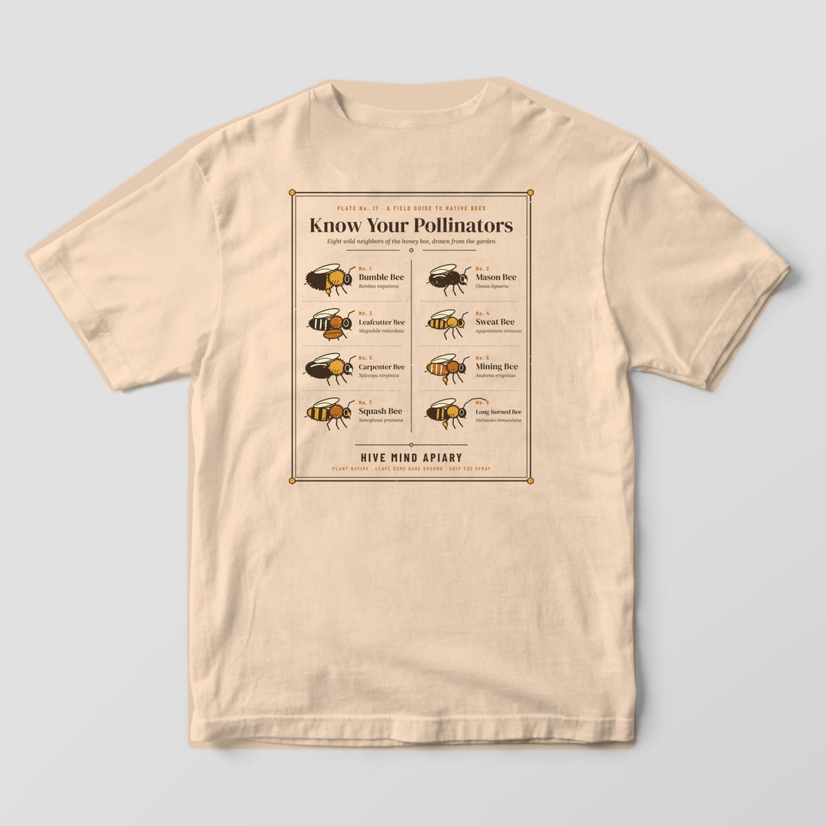 Back of an ivory Comfort Colors 1717 T-shirt printed with a framed field guide page titled Know Your Pollinators showing eight labeled native bees.