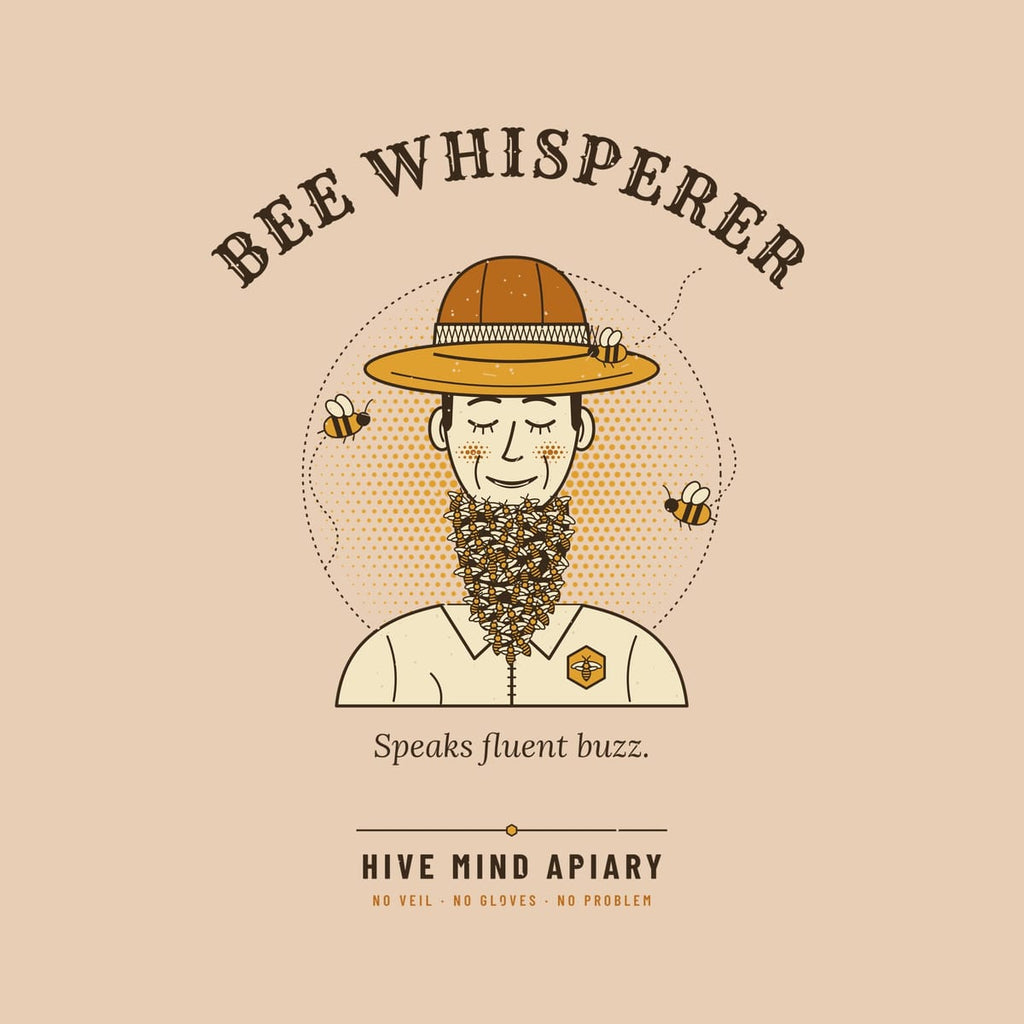 Close-up of the full back artwork: a retro portrait of a smiling beekeeper with a beard made of bees, titled Bee Whisperer, shown flat on an ivory background.