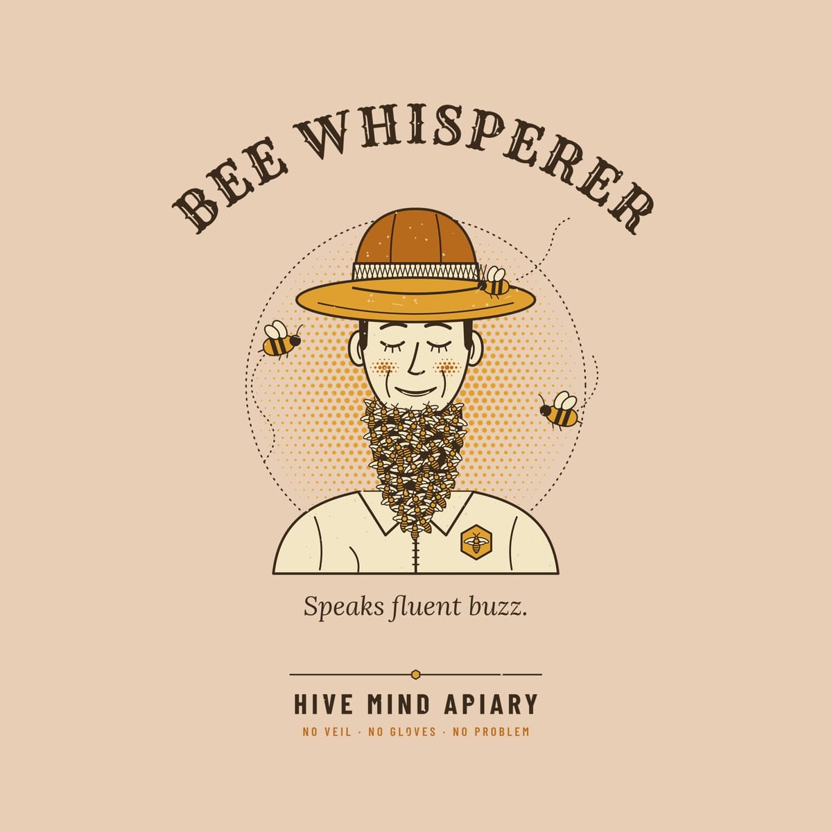 Close-up of the full back artwork: a retro portrait of a smiling beekeeper with a beard made of bees, titled Bee Whisperer, shown flat on an ivory background.
