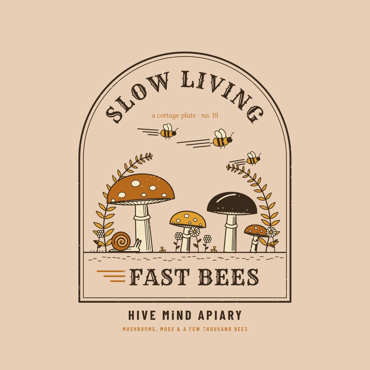 Close-up of the full back artwork: an arch-framed cottage scene of mushrooms, ferns and a snail with bees zooming overhead, titled Slow Living Fast Bees, shown flat on an ivory background.