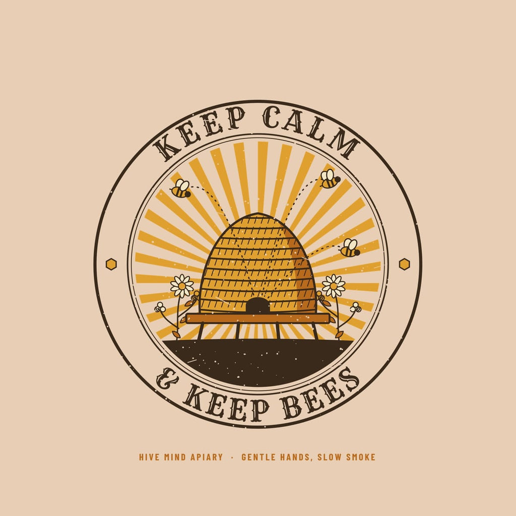 Close-up of the full back artwork: a straw beehive skep in a sunburst badge with Keep Calm and Keep Bees lettering, shown flat on a ivory background.