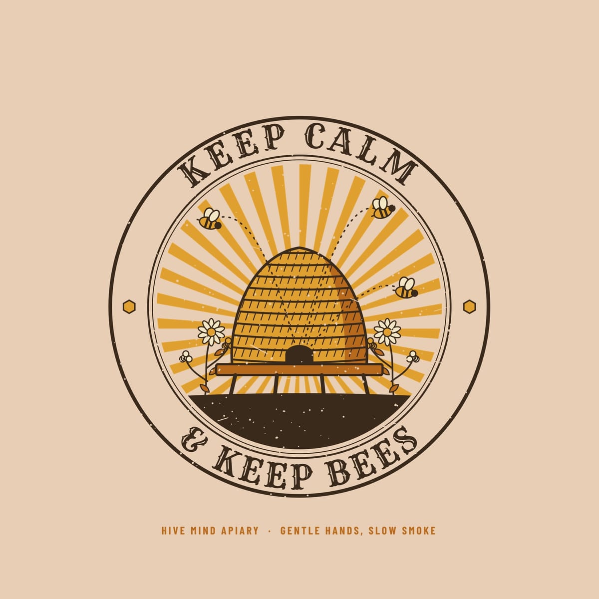 Close-up of the full back artwork: a straw beehive skep in a sunburst badge with Keep Calm and Keep Bees lettering, shown flat on a ivory background.