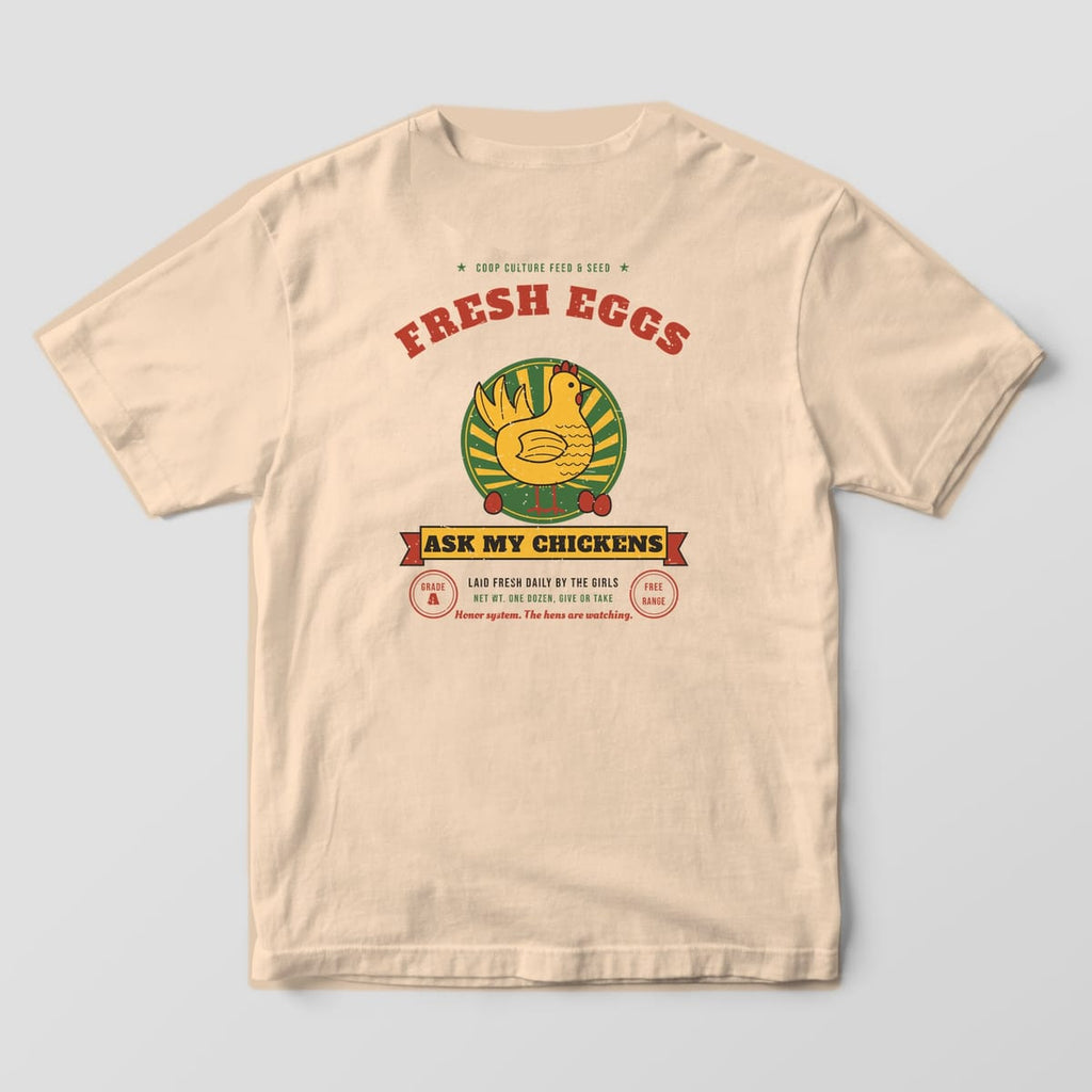 Back of an ivory Comfort Colors 1717 tee with the Fresh Eggs Ask My Chickens hen and sunburst feed-sack print.