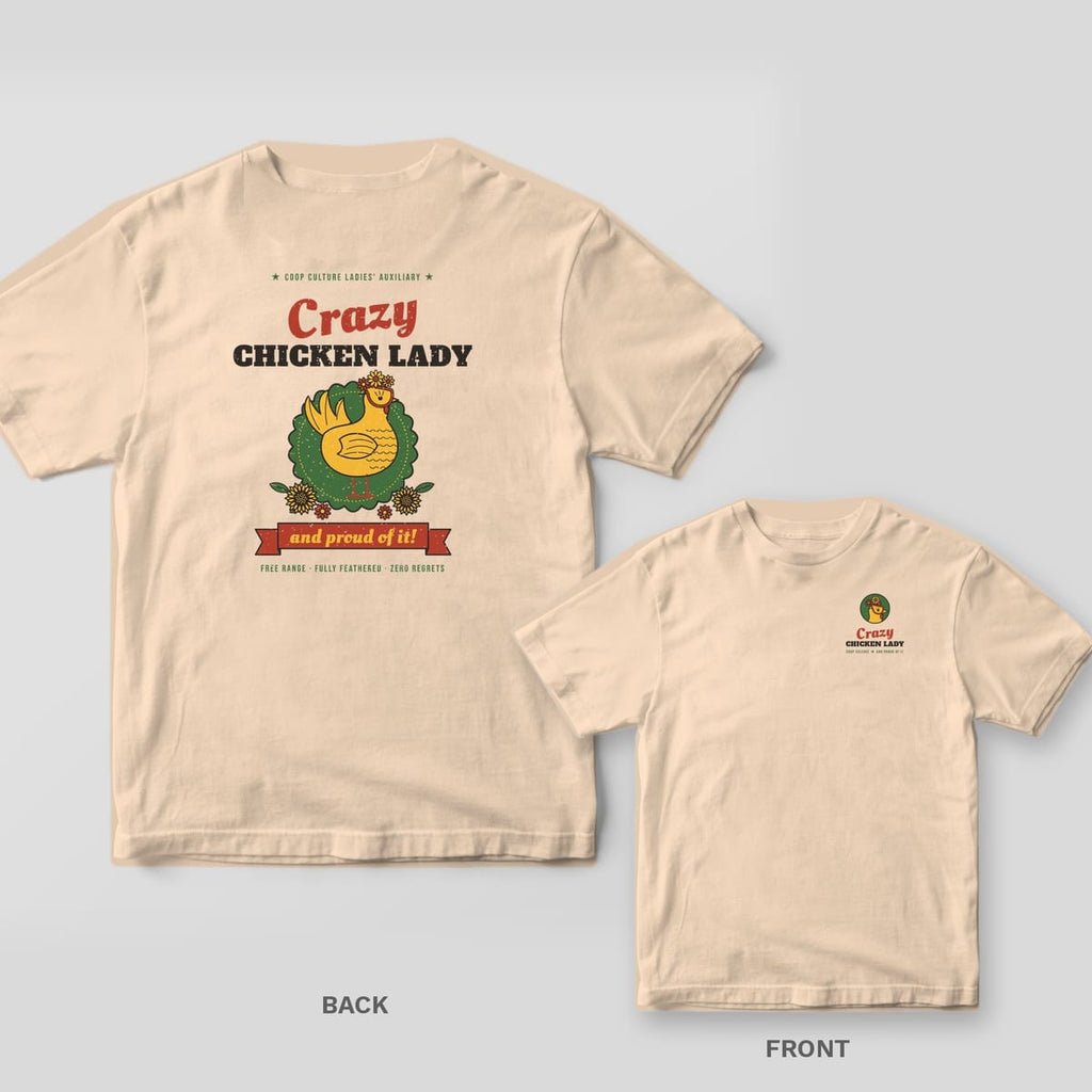 Ivory tee shown back and front: back has a yellow hen in red cat-eye glasses with Crazy Chicken Lady text; front has a small hen portrait and script logo.