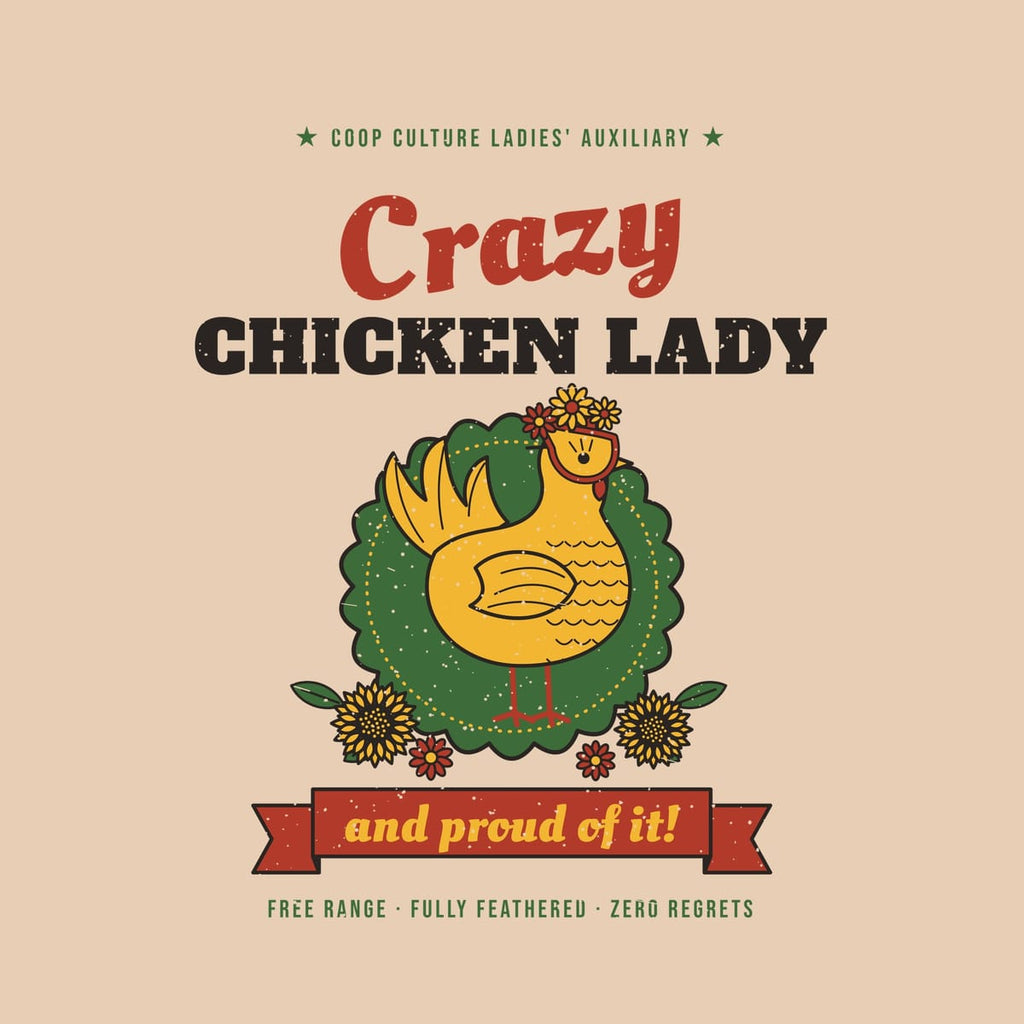 Close-up of the Crazy Chicken Lady artwork: hen with cat-eye glasses and daisy crown, sunflowers and a red ribbon banner.