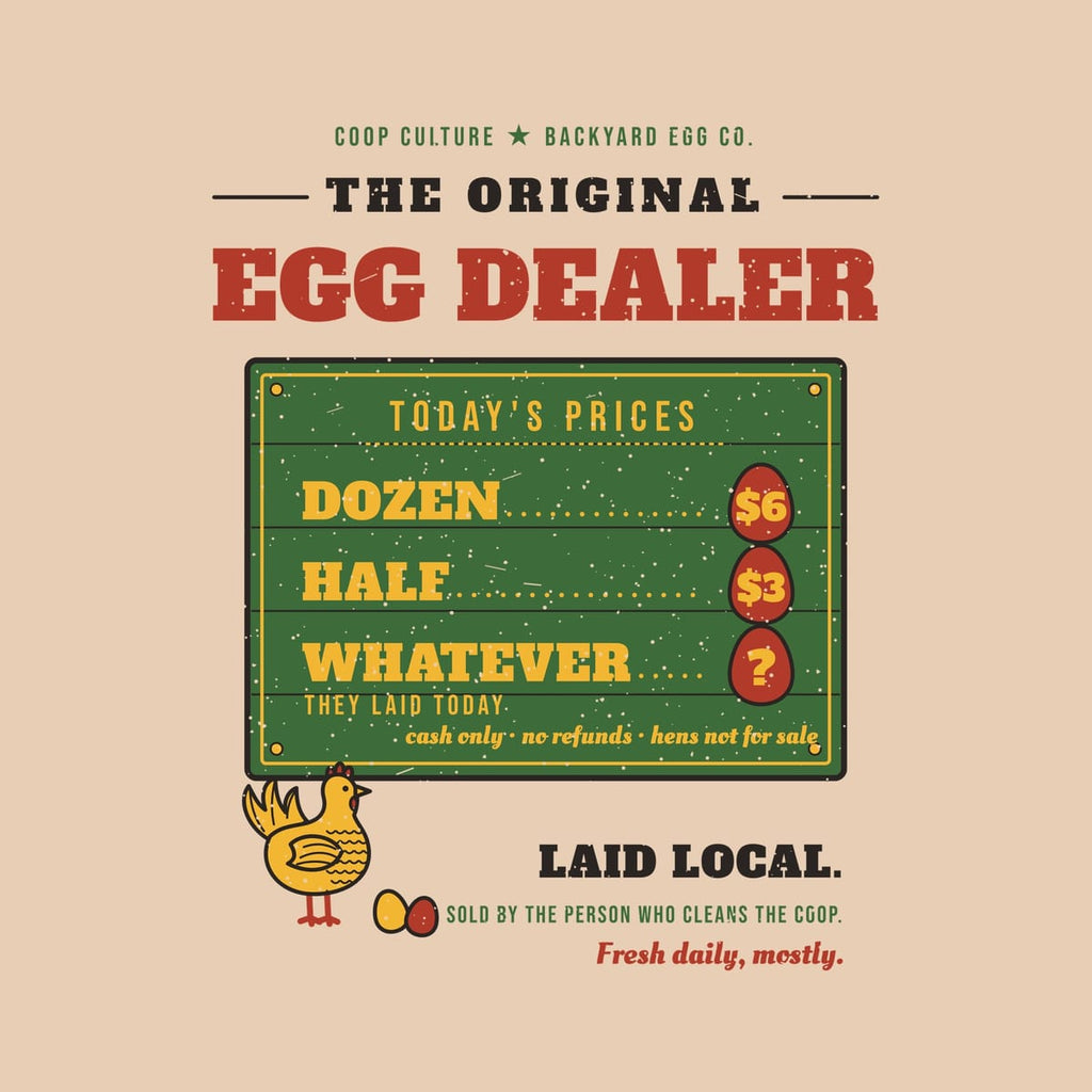 Close-up of The Original Egg Dealer artwork: painted price board, red egg price tags and a yellow hen beside two eggs.