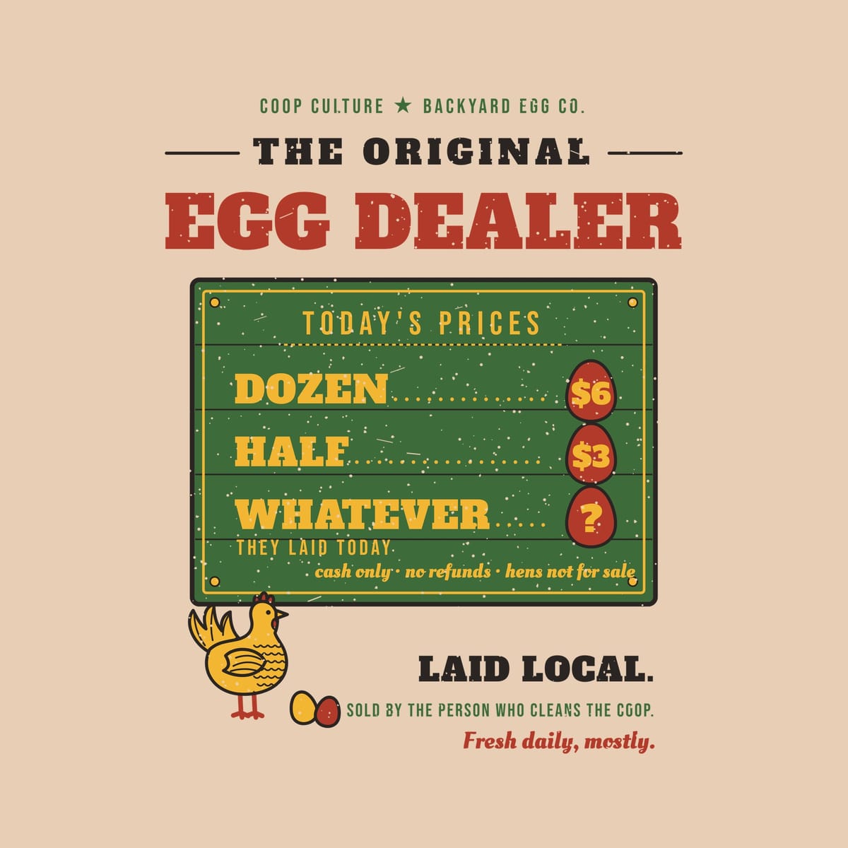 Close-up of The Original Egg Dealer artwork: painted price board, red egg price tags and a yellow hen beside two eggs.