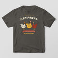 Pepper Comfort Colors tee with a full front print of three hens in sunglasses and party hats under arched Hen Party lettering.
