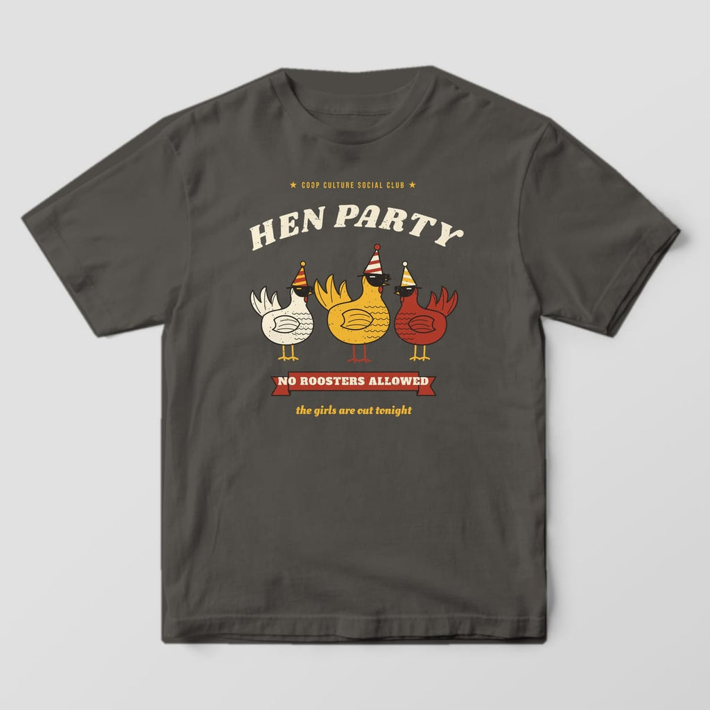 Front of a pepper Comfort Colors 1717 tee with the Hen Party print: white, yellow and red hens in shades with a No Roosters Allowed banner.