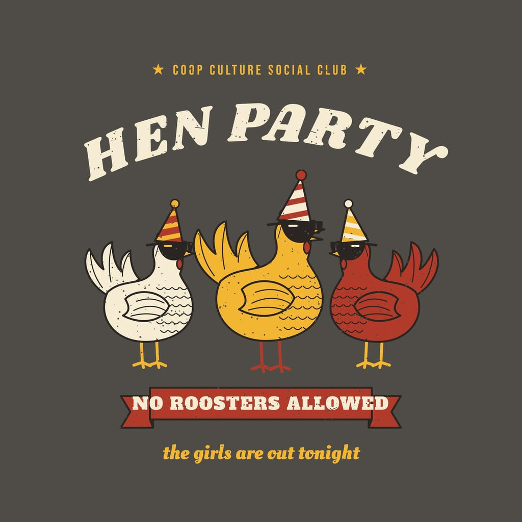 Close-up of the Hen Party artwork: three hens wearing sunglasses and striped party hats, cream retro lettering and a red ribbon.