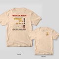 Ivory tee shown back and front: back has a Chicken Math equation of hens and chicks with 12 crossed out to 15; front has a small hen and Chicken Math text.