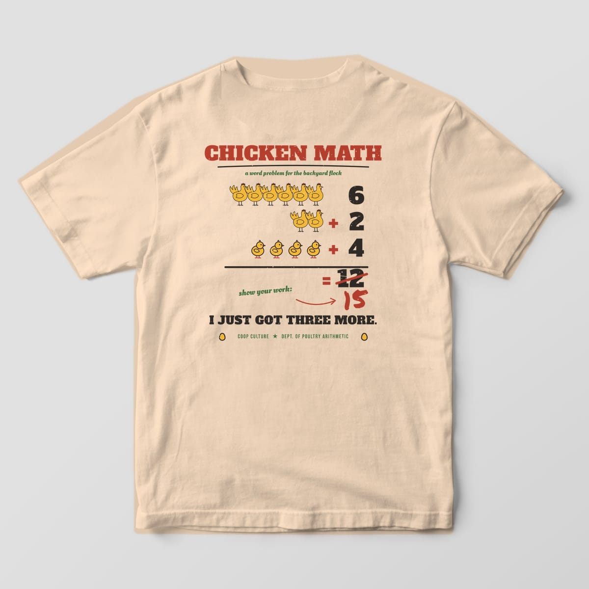 Back of an ivory Comfort Colors 1717 tee with the Chicken Math hen equation and I Just Got Three More text.