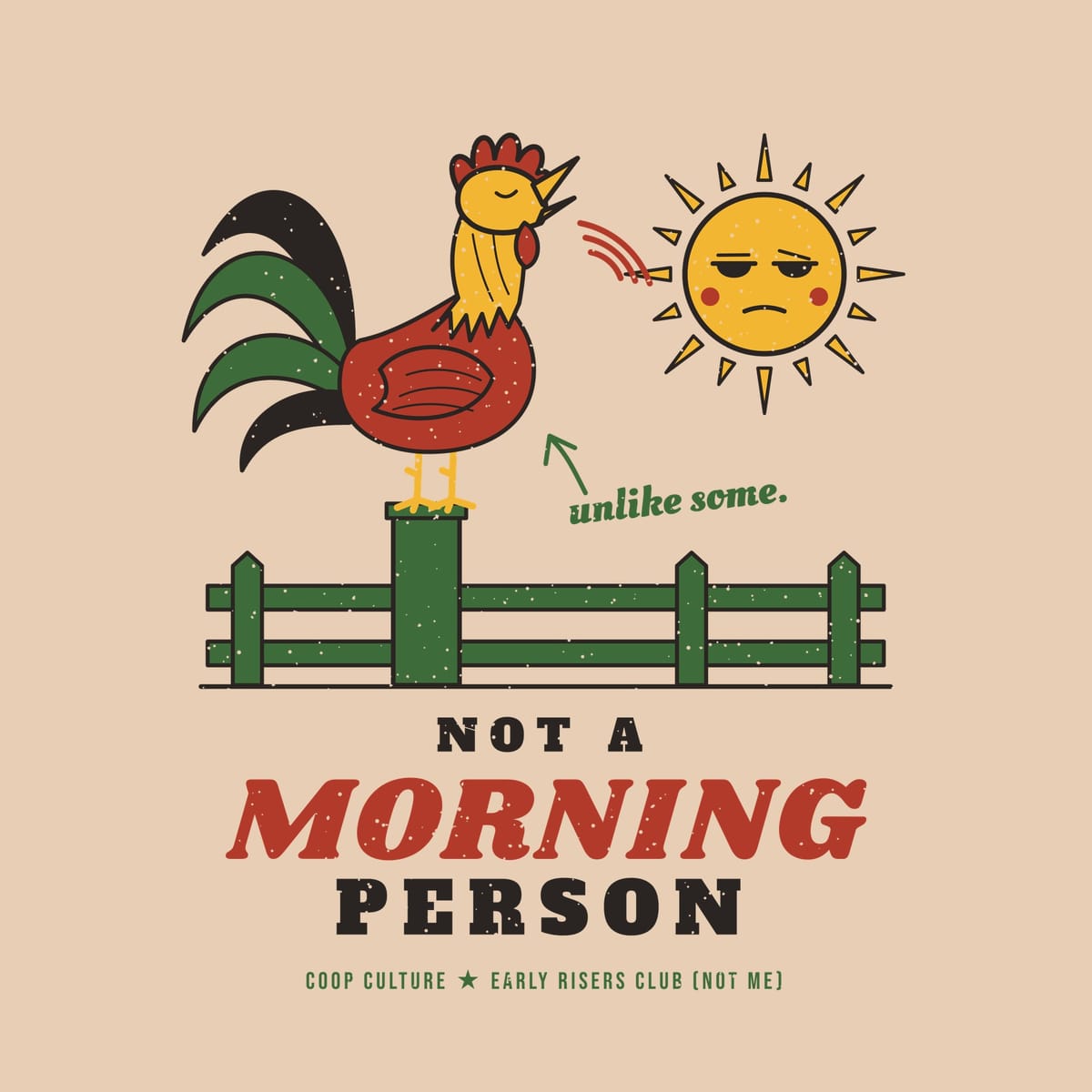 Close-up of the Not A Morning Person artwork: red rooster with green tail crowing at a half-asleep yellow sun.