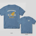 Blue jean tee shown back and front: back has a yellow hen strutting past a broken picket fence at sunset under Free Range; front has a small Free Range stamp.