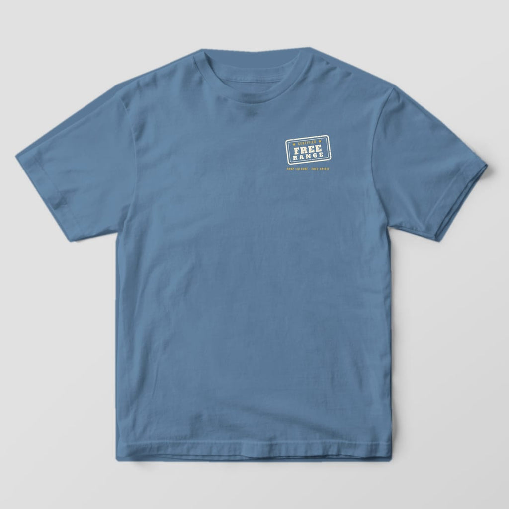 Front of a blue jean Comfort Colors 1717 tee with a small cream Certified Free Range stamp on the left chest.