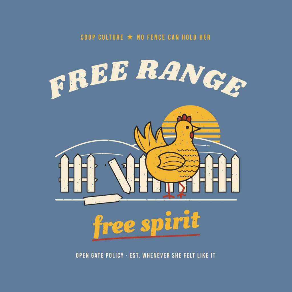 Close-up of the Free Range Free Spirit artwork: hen mid-strut, a fallen picket, banded yellow sun and yellow script.