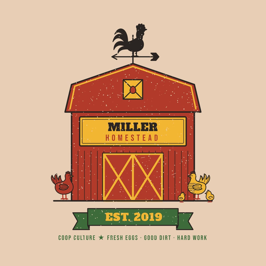 Close-up of the custom homestead barn artwork: weathervane rooster, yellow name sign, X-brace barn doors and Est. ribbon.