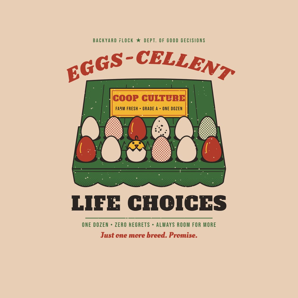 Close-up of the Eggs-cellent Life Choices artwork showing the halftone egg shading, carton label and distressed print texture.