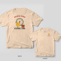Ivory Comfort Colors tee shown back and front: back has a Snack Time Is Every Time hen and clock print; front has a small Feed Me hen.