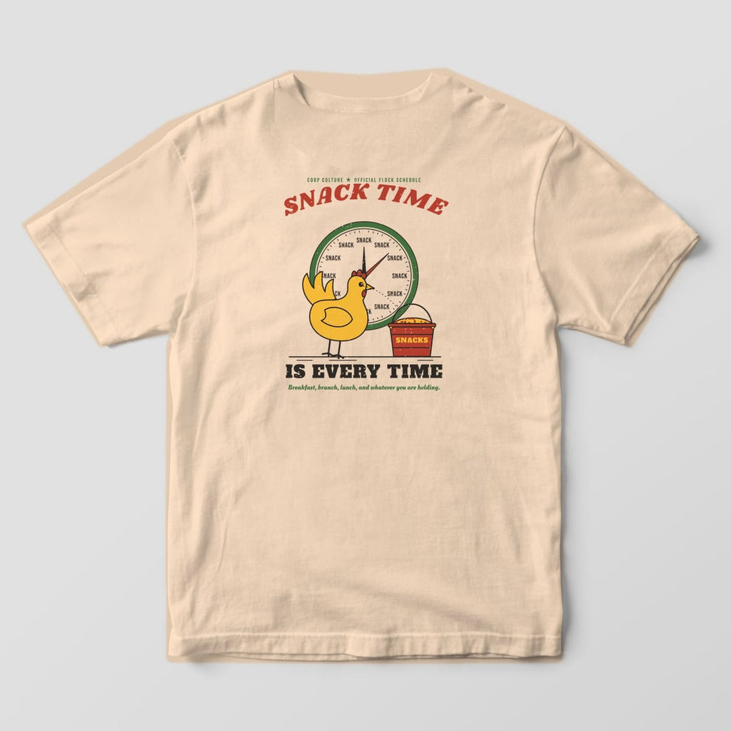 Back of an ivory Comfort Colors 1717 tee with a yellow hen staring at a red snack bucket in front of a clock where every hour says snack.
