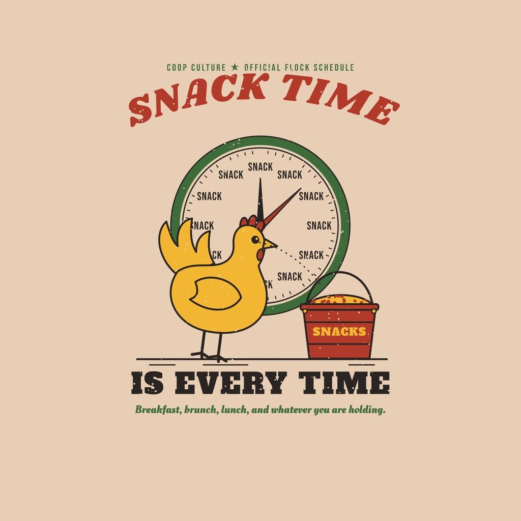 Close-up of the Snack Time Is Every Time artwork showing the snack clock face, hen and red bucket with distressed texture.