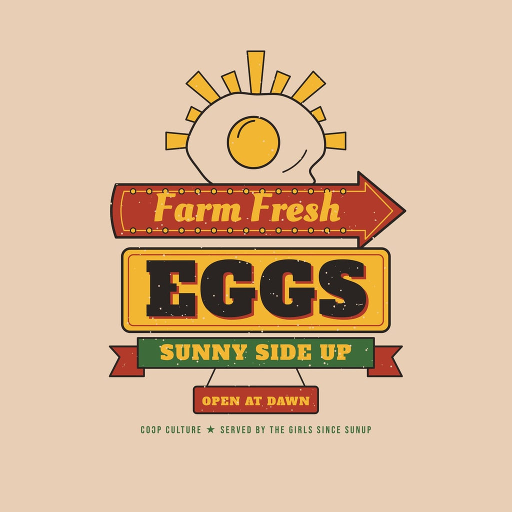 Close-up of the Farm Fresh Eggs diner sign artwork showing the fried egg sun, marquee bulbs and distressed print texture.
