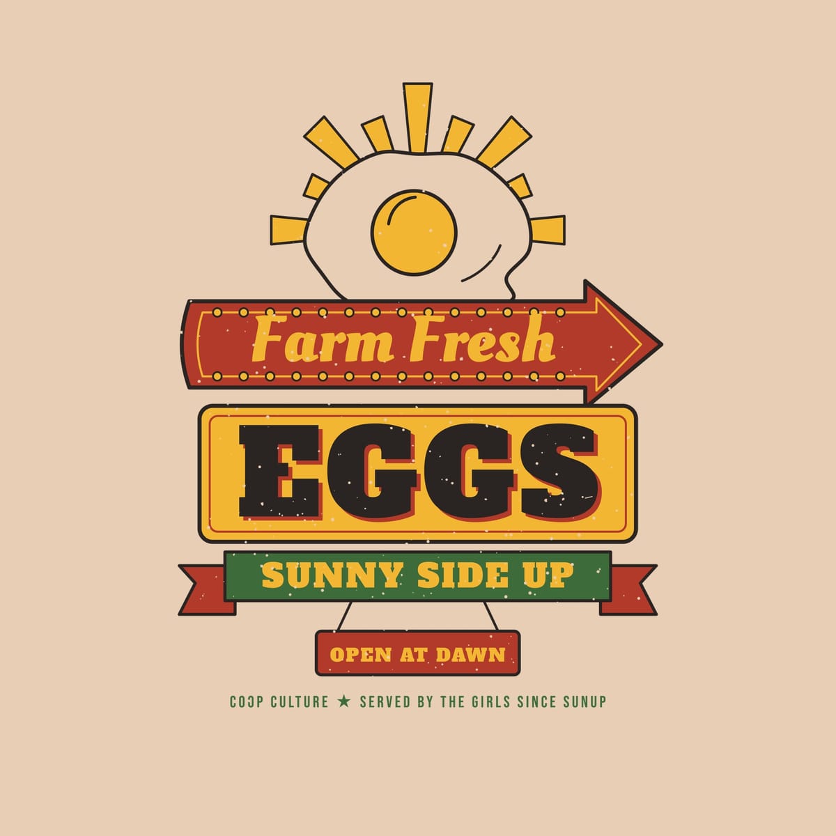 Close-up of the Farm Fresh Eggs diner sign artwork showing the fried egg sun, marquee bulbs and distressed print texture.