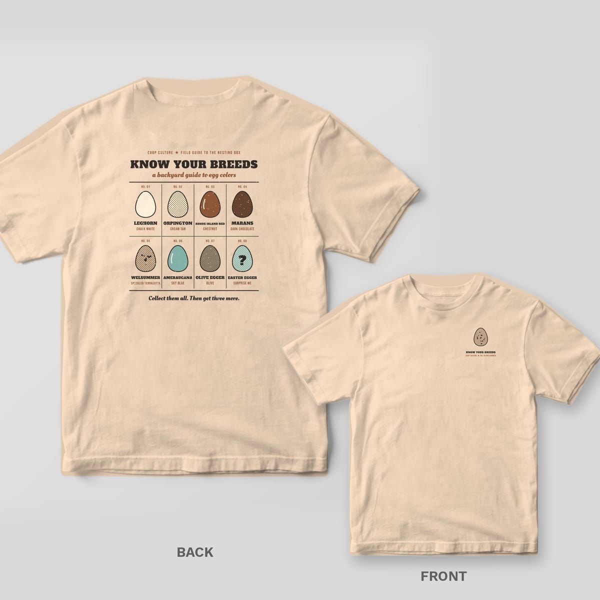 Ivory Comfort Colors tee shown back and front: back has a Know Your Breeds egg color chart with eight eggs; front has a small speckled egg.