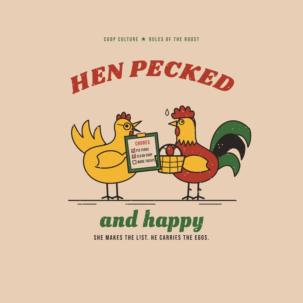 Close-up of the Hen Pecked And Happy artwork showing the chore clipboard, egg basket and distressed print texture.