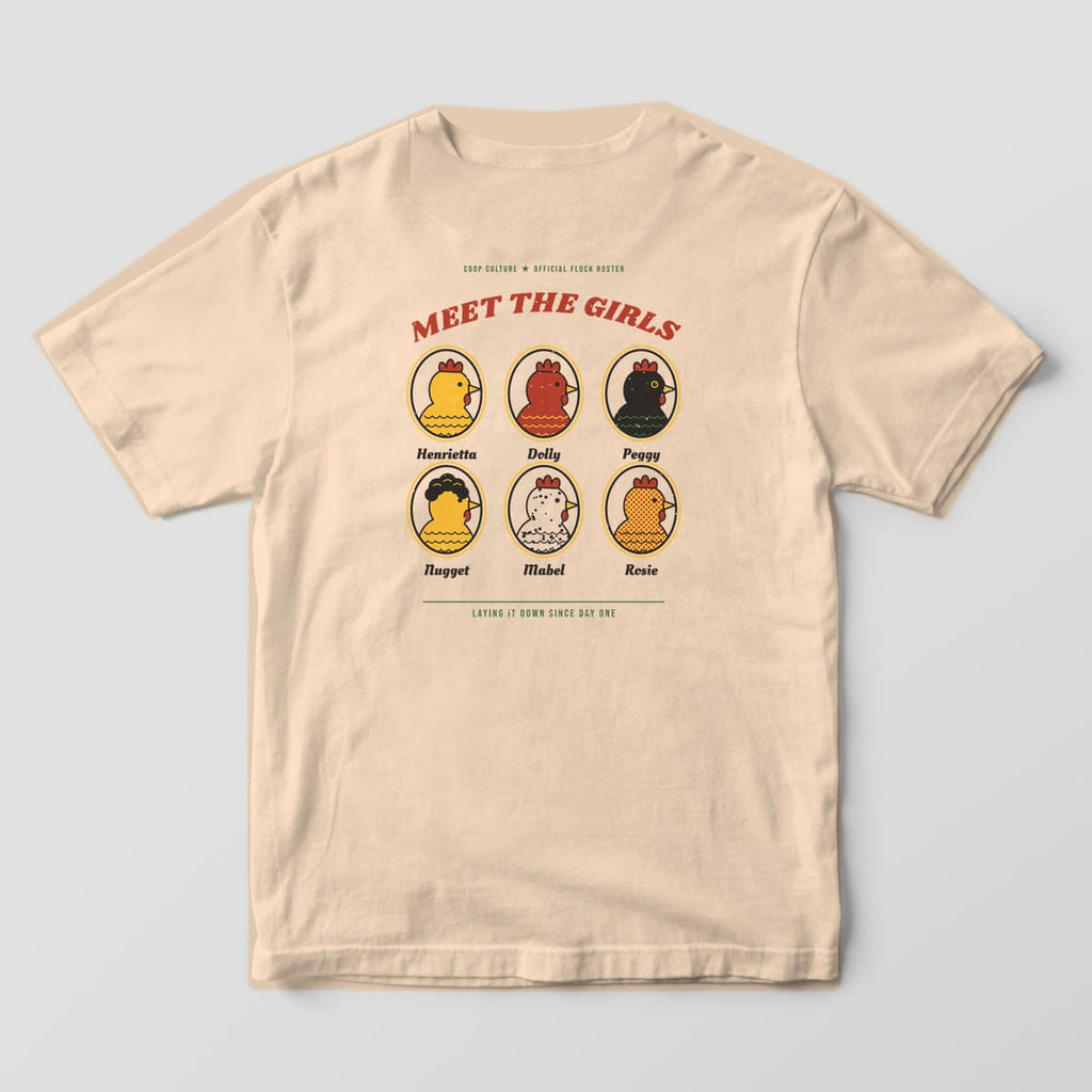 Back of an ivory Comfort Colors 1717 tee with six oval hen portraits named Henrietta, Dolly, Peggy, Nugget, Mabel and Rosie under the words Meet The Girls.