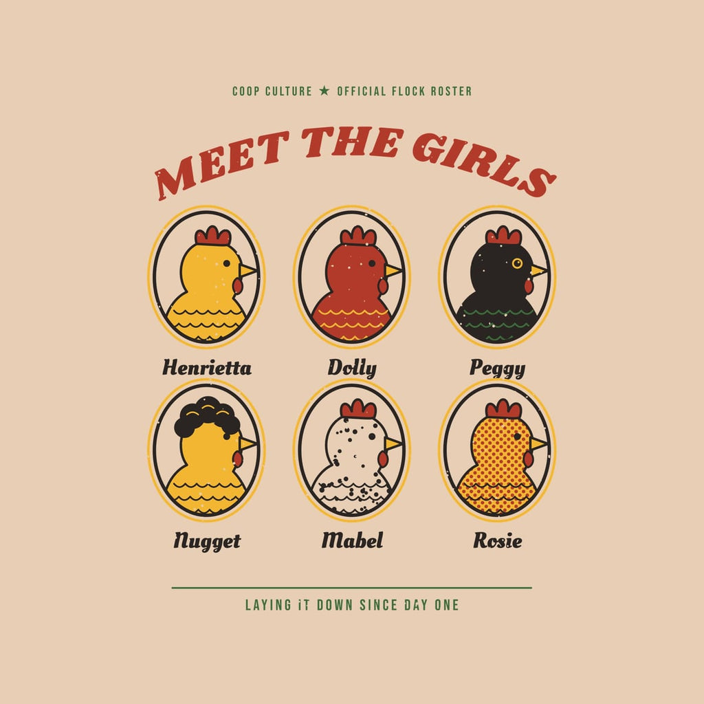 Close-up of the Meet The Girls artwork showing the six hen portraits, script names and distressed print texture.