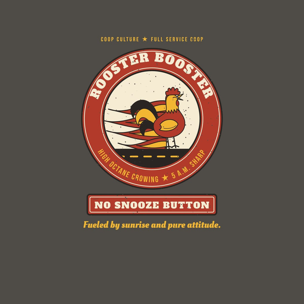 Close-up of the Rooster Booster artwork showing the hot-rod flames, road stripe and distressed print texture.