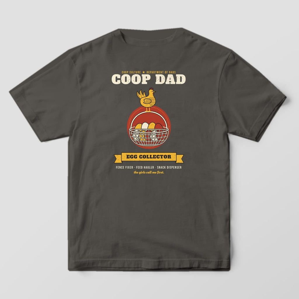 Back of a pepper Comfort Colors 1717 tee with the Coop Dad hen and wire egg basket print and Egg Collector banner.