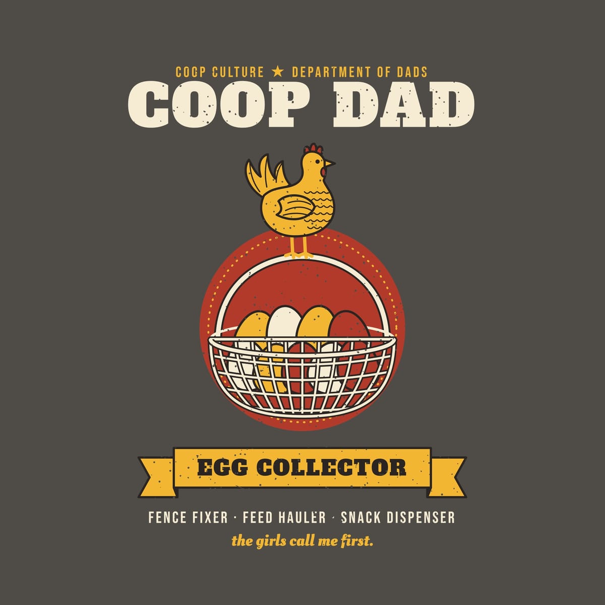 Close-up of the Coop Dad artwork: yellow hen perched on a cream wire basket of eggs over a red circle badge.