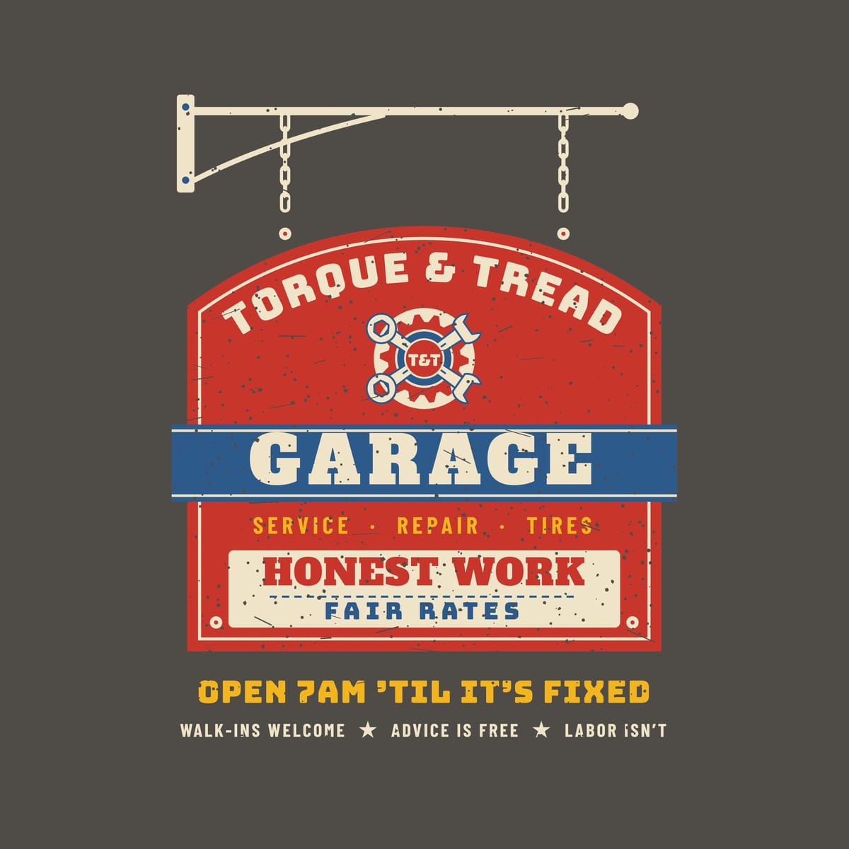 Close-up of the print: worn red enamel sign art with a cream panel, blue Garage band, chains and wall bracket, and yellow lettering below, with light speckled distressing.