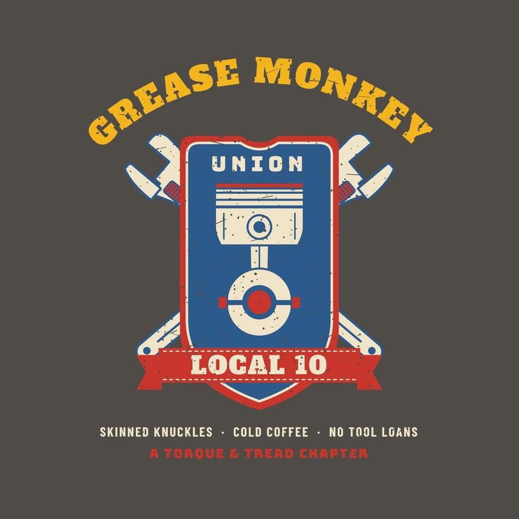 Close-up of the print: cream piston and connecting rod on a blue shield, crossed adjustable wrenches, a red Local 10 ribbon and yellow arched lettering, lightly distressed.