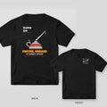 Black Comfort Colors tee shown back and front: a retro oil can with the words Runs On Coffee, Grease & Torque Specs on the back and a small wrench logo on the chest.